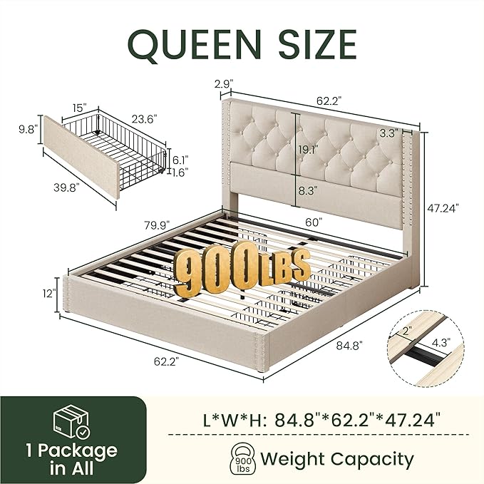 LARMACE Queen Size Bed Frame with 4 Storage Drawers and Tufted Headboard Linen Upholstered Platform Bed Frame with Heavy Duty Wood Slats, No Box Spring Needed, Easy Assembly, Beige