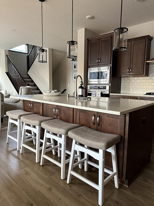 PHI VILLA Bar Stools Set of 4 - Solid Wood Legs Counter Height Barstools with Upholstered Saddle Seat, 24 inch Kitchen Counter Island Stools