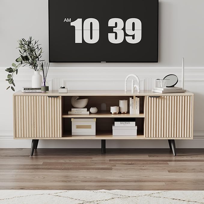 Modern TV Stand with Storage Cabinet, Wood Fashionable TV Cabinet with Waveform Panel and Adjustable Shelf, Entertainment Center TV Stand for TV, Living Room (Cream Yellow Wood Grain)