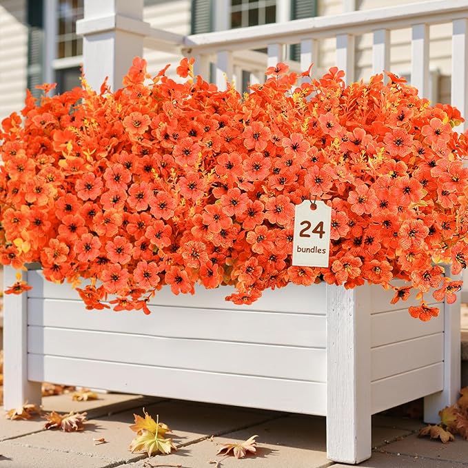 SHareconn 24 Bundles Artificial Fall Flowers for Outdoors Decoration,UV Resistant Silk Eucalyptus Lavender Faux Autumn Fake Plants for Outside Indoor Garden Yard Porch Home Decor,SunsetRedAutumnColour