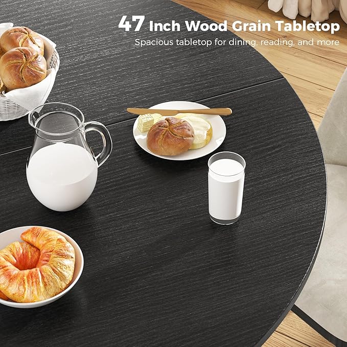 Unovivy 47" Round Dining Table for 4-6, Space Saving Circle Kitchen Dinner Table, Industrial Mid Century Modern Dining Room Desk for Kitchen, Apartment, Black