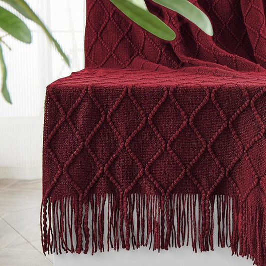 inhand Knitted Throw Blankets for Couch and Bed, Soft Cozy Knit Blanket with Tassel, Claret Lightweight Decorative Blankets and Throws, Farmhouse Warm Woven Blanket for Men and Women, 60"x80"