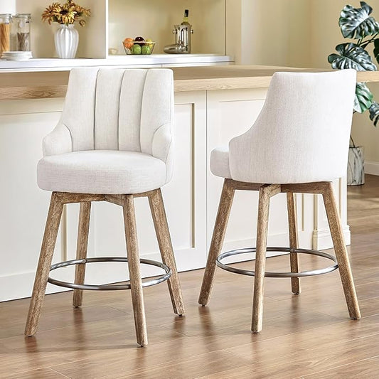 IWOOD Counter Height Bar Stools,Swivel Bar Stools with Backs,Barstools Set of 2,26'' Solid Wood Legs,Thick Seat Upholstered Linen Fabric Counter Height Stools in Beige