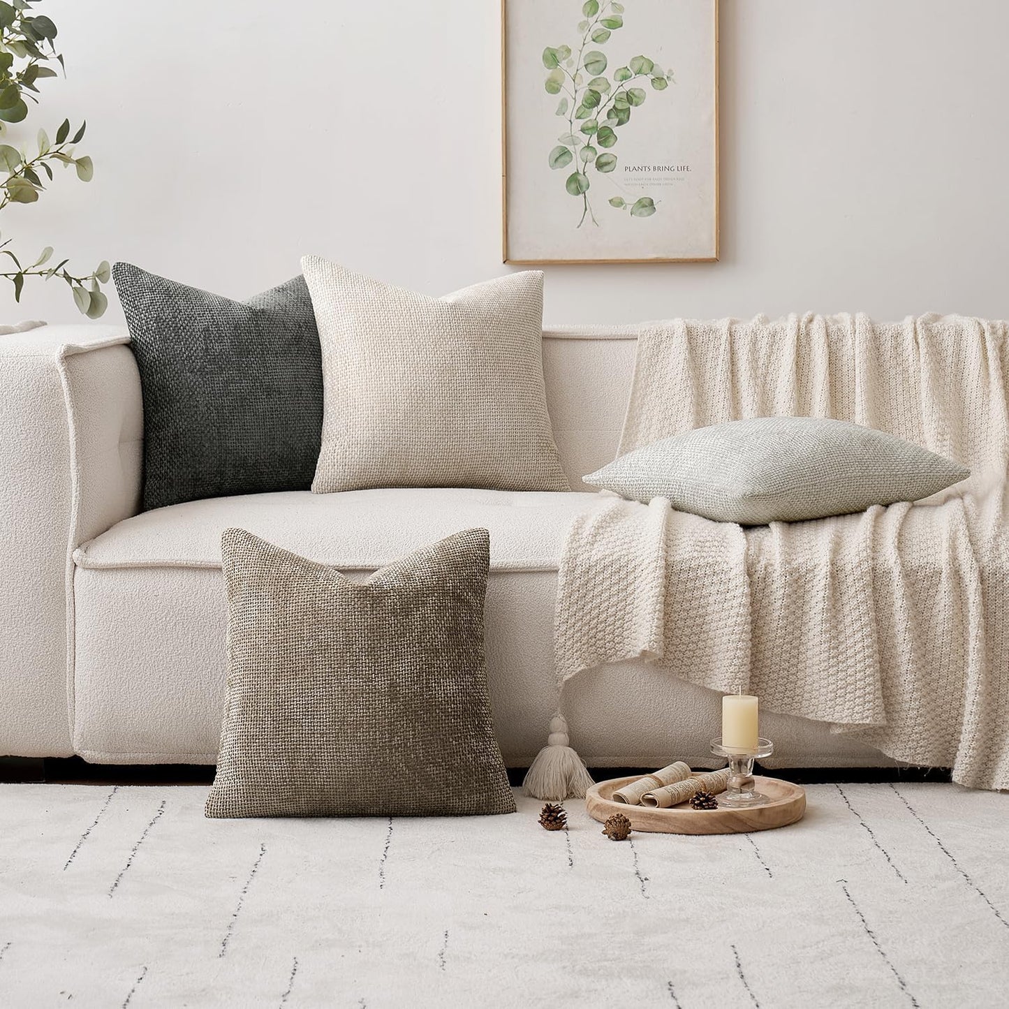 MIULEE Pack of 4 Couch Throw Pillow Covers 26x26 Inch Neutral Soft Decorative Chenille Pillow Covers Farmhouse Boho Accent Cushion Covers for Mid Century Modern Home Decor Sofa Bedroom Living Room