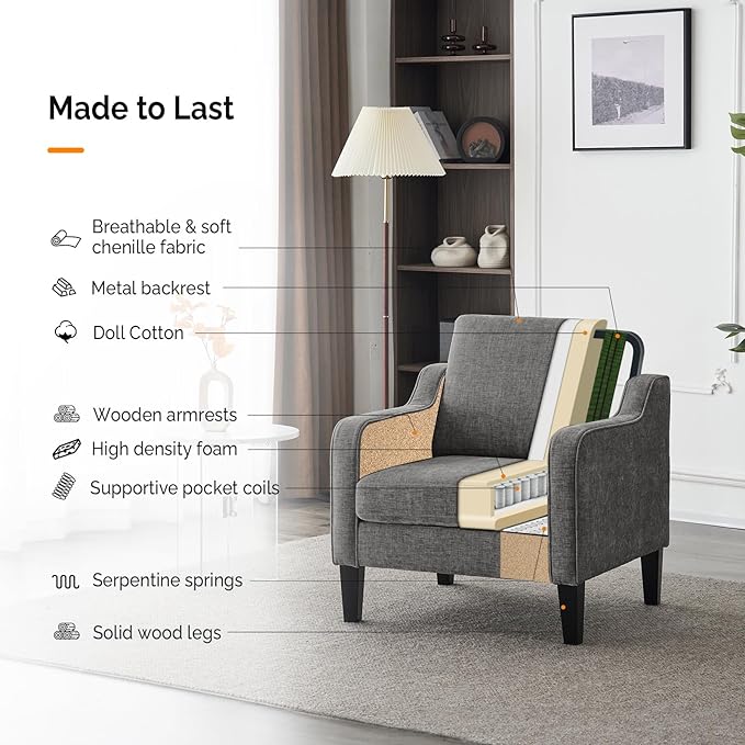 VINGLI Accent Chairs for Living Room Chairs Reading Chair Mid Century Modern Chair Soft Chenille Sofa Chair Upholstered Arm Chair Comfy Chair Side Chair (Light Grey Chenille)