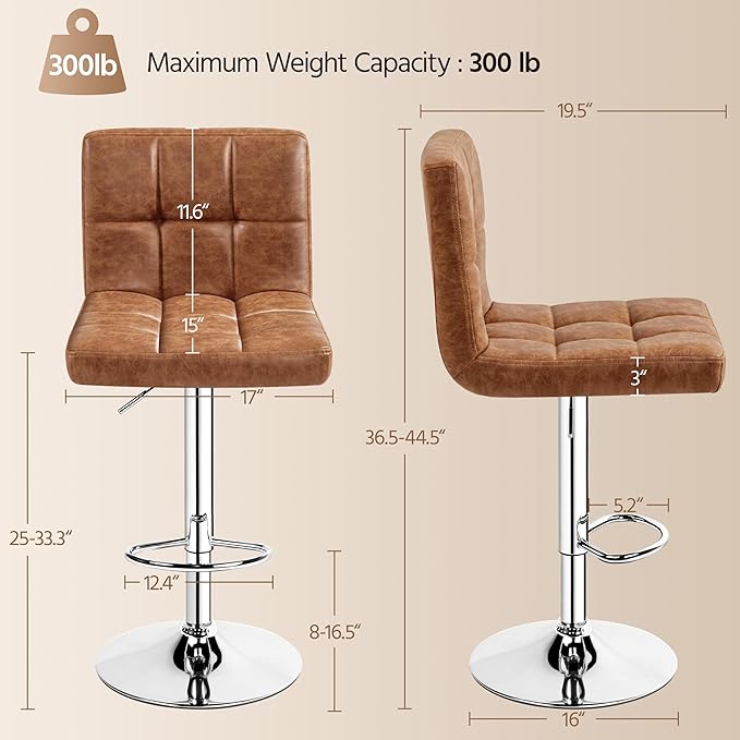 Yaheetech Bar Stools Set of 4, PU Leather Swivel Barstools, Height Adjustable Counter Chairs, Modern Stools with Back for Bar Kitchen Island Dining Room, Retro Brown