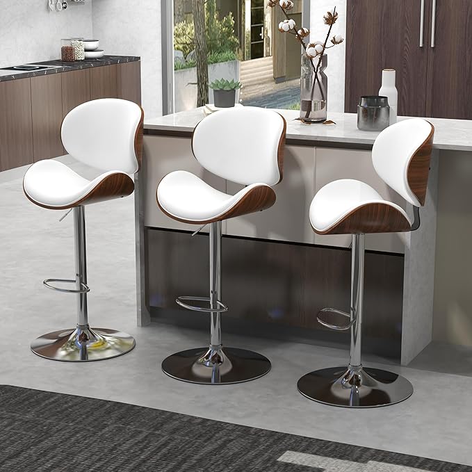 civama White Bar Stools Set of 3 for Kitchen Counter, Adjustable Bar Height Chairs, Modern Swivel Barstools with Bentwood Seat and Back with Footrest for Kitchen Island, Dining Room, White PU Leather
