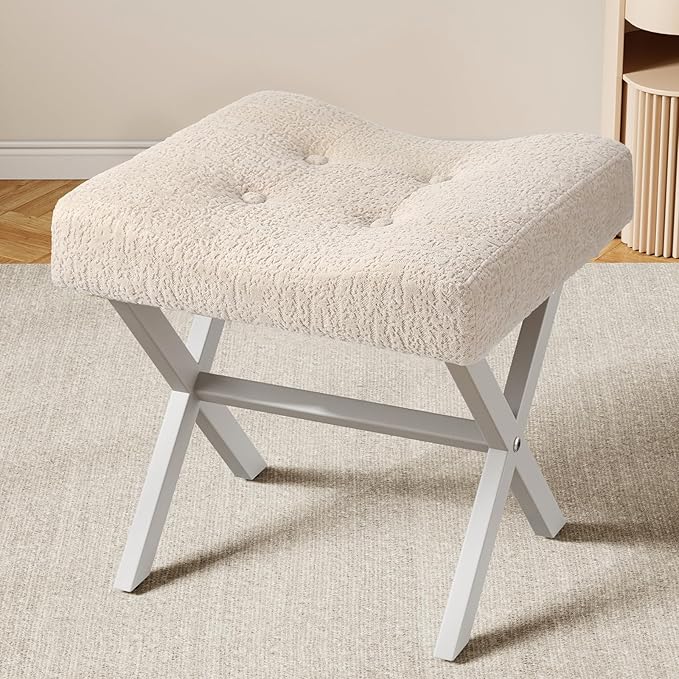 18-Inch Large Vanity Stool Chair, Vanity Bench with Metal X-Legs, Ottoman Accent Stool with Breathable and Soft Boucle Fabric Saddle Seat, Beige