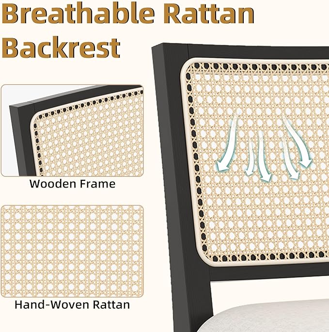 Westice Rattan Bar Stools Set of 4, 26" Farmhouse Counter Height Stools with Natural Rattan Back and Wood Frame, Upholstered Line Fabric Seat Cushion, Wooden Chairs for Kitchen Island/Pub, Black