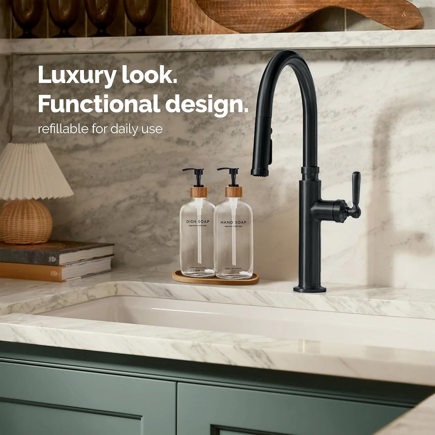 Vine Creations Clear Glass Soap Dispenser Set, Hand Soap and Dish Soap Dispenser Set with Bamboo Tray, 16 oz Glass Dispensers Bottle for Kitchen and Bathroom Decor Modern Boho with Bamboo Pump (Clear)