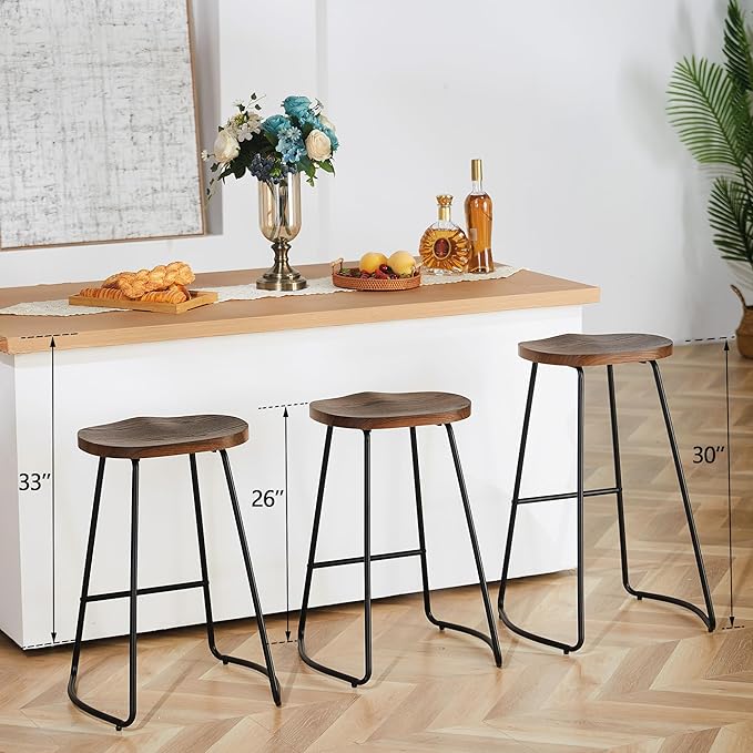HeuGah Bar Stools Set of 4, Saddle Seat Bar Stools, Rustic Backless Wood Counter Height Stools, Industrial Counter Stools with Metal Legs(Brown, 4 PCS 26Inch Counter Chair)