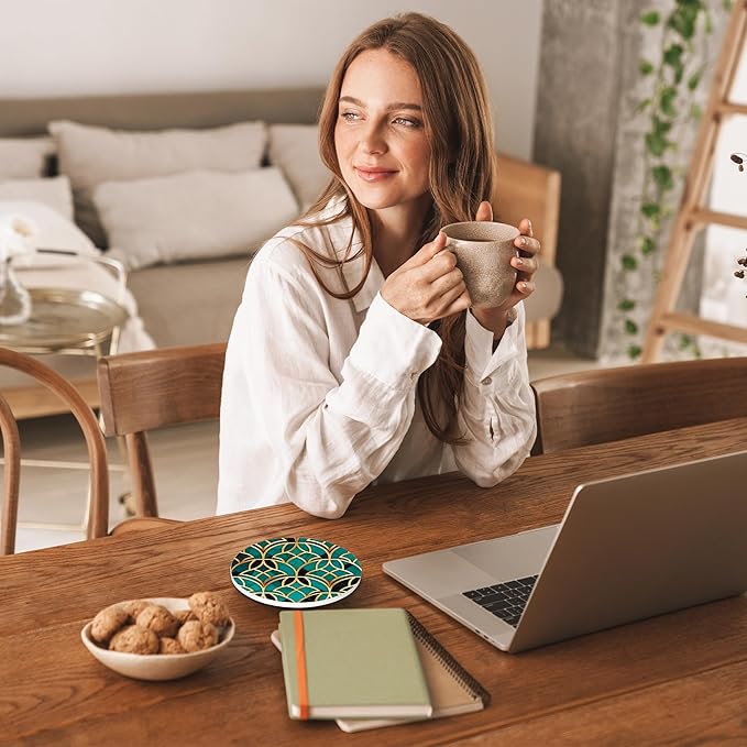 Green Marble Coasters Set of 4, Round Absorbent Ceramic Cup Mat with Cork Base, Cute Coasters for Table Home Decor, Ideal Gifts for Women Men