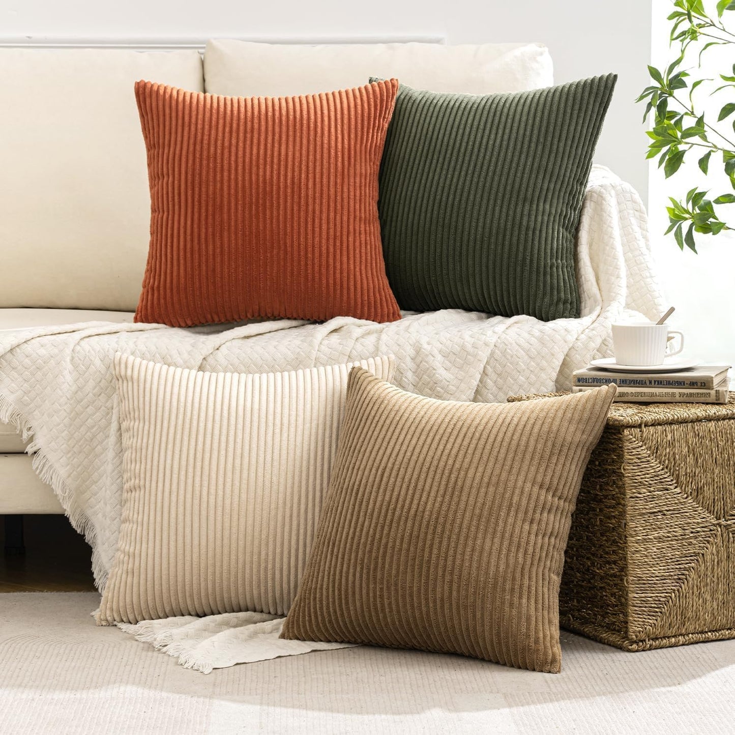 MIULEE Boho Farmhouse Throw Pillow Covers 24x24 Inch Set of 4 Mordern Rust-Olive Green Cushion Covers Soft Corduroy Nordic Home Decor for Spring Couch Bed Sofa Living Room