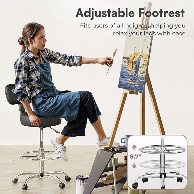 SUPERJARE Drafting Chair with Back, Adjustable Foot Rest Rolling Stool, Multi-Purpose Office Desk Chair, Thick Seat Cushion for Home Bar Kitchen Shop - Black