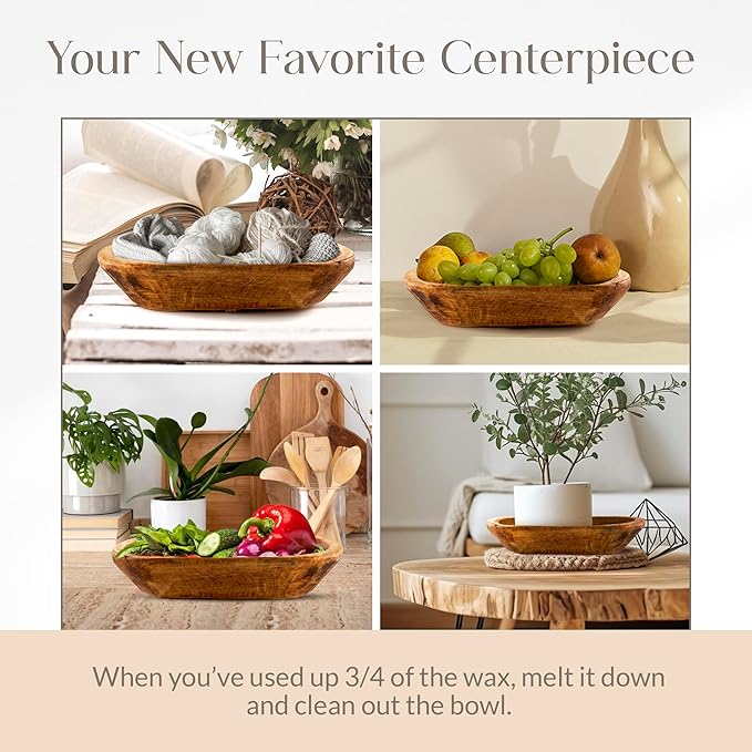 Dough Bowl Candle Co. Sandalwood Soy Candle - 3 Wick Rustic Farmhouse Decor Odor Eliminator in Wooden Bowls, 20 Ounce Wooden Dough Bowl Candle, All-Natural Gifts for Women and Men, Coffee Table Decor