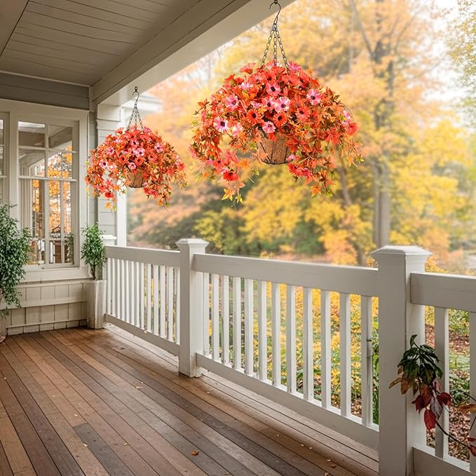 Artificial Flowers Hanging Basket Plants, Fake Petunias Fall Flower for Outdoor Decoration,Realistc Faux Silk Flower UV Resistant for Porch Patio Yard Garden Home Balcony (Double Orange)