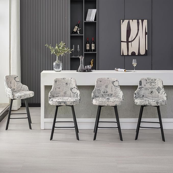 Bar Stools Set of 4, 26" Swivel Counter Height Bar Stools with High Back, Linen Kitchen Barstools Counter Height for Kitchen Island (Beige (Nautical Print), 4PCS 26" Counter Stools)