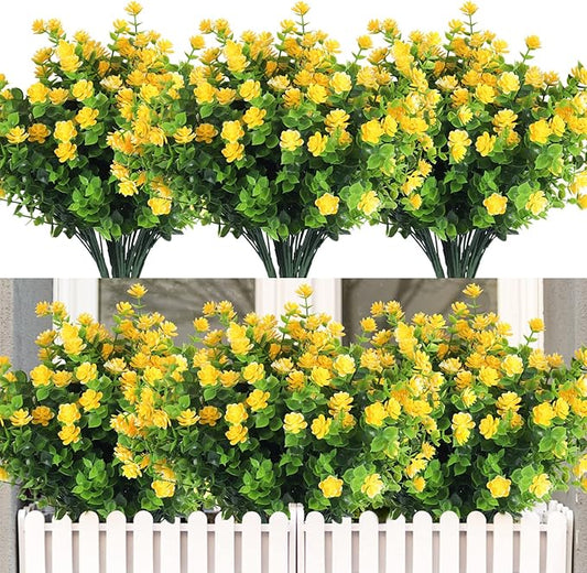 RECUTMS 12 Bundles Outdoor Artificial Flowers UV Resistant Fake Boxwood Plants, Faux Greenery for Indoor Outside Hanging Plants Garden Porch Window Box Home Wedding Farmhouse Décor（Yellow）