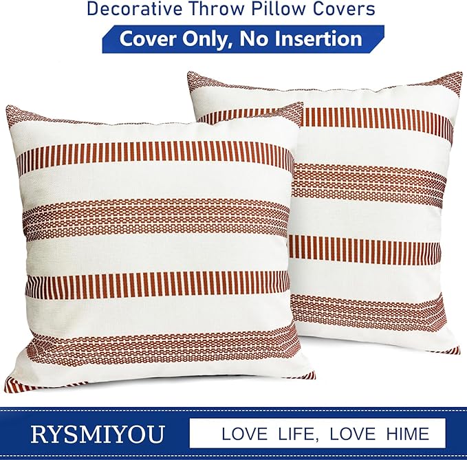 Decorative Throw Pillow Covers Set of 2 Coffee Boho Striped Pillow Covers 16x16 Inch Throw Pillow Cover Linen Pillowcase Farmhouse Outdoor Pillow Covers for Couch Sofa Bed Living Room