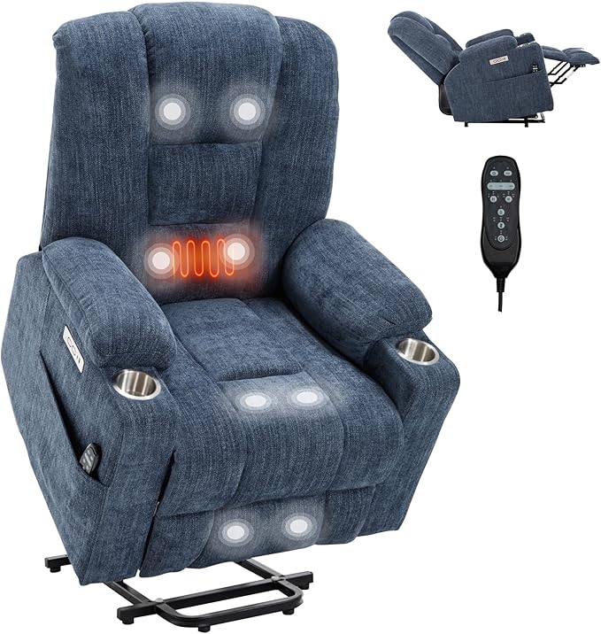 Large Power Lift Recliner Chair for Eldery, Overstuffed Wide Recliners with Massage and Heat, Electric Living Room Chairs with USB Charge Port, 2 Cup Holders, Blue