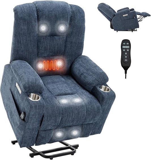 Large Power Lift Recliner Chair for Eldery, Overstuffed Wide Recliners with Massage and Heat, Electric Living Room Chairs with USB Charge Port, 2 Cup Holders, Blue