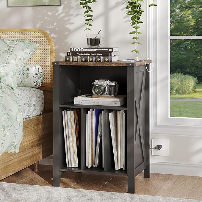 ChooChoo Record Player Stand with Vinyl Storage, Turntable Stand with Charging Station, Record Storage Cabinet, End Side Table for Living Room, Bedroom, Black