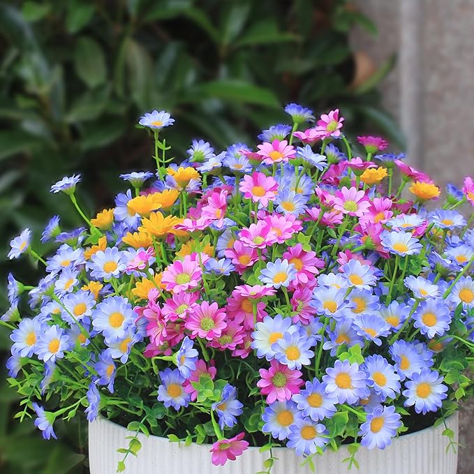 alyptus Artificial Daisy Flowers Outdoor Decoration 16 Bundles UV Resistant Blue Fake Silk Plants for Stunning Front Porch Pot Decor Outside (16 Bundle NO.P)