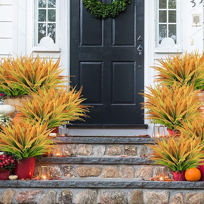 24Pcs Artificial Grass Plant Fake Outdoor Plastic Plants UV Resistant Faux Grasses Greenery Shrubs for Window Box Garden Patio Porch Home Decor Yellow