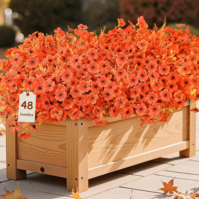 SHareconn 48 Bundles Artificial Fall Flowers for Outdoors Decoration,UV Resistant Silk Eucalyptus Lavender Faux Autumn Fake Plants for Outside Indoor Garden Yard Porch Home Decor,SunsetRedAutumnColour