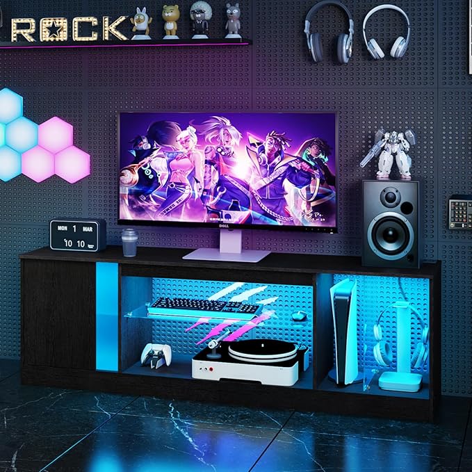 TV Stand with Power Outlets to 63 65 70inch TV, Modern Entertainment Center with Multi-Color LED Light, Media TV Console with Adjustable Glass Shelves for Living Room, Bedroom, Black MDS03UDBB