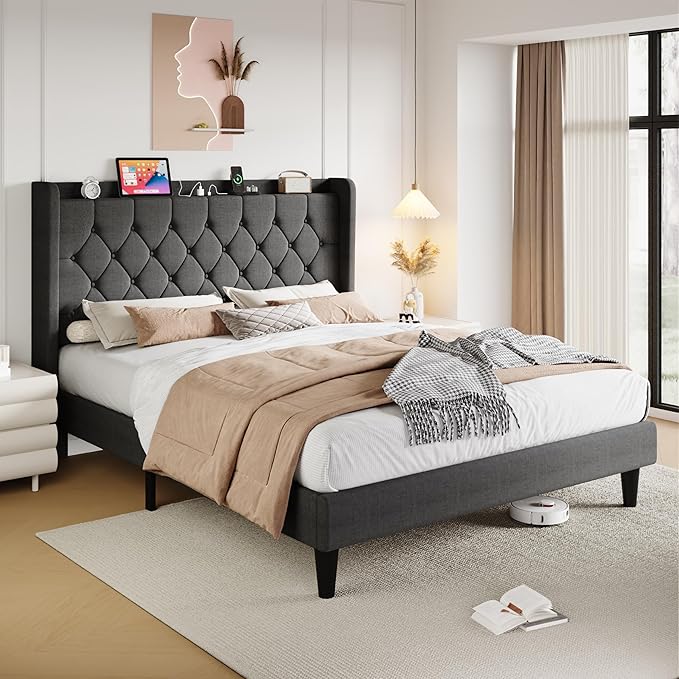 SHA CERLIN Queen Platform Bed Frame with Charging Station, Velvet Wingback Headboard with Storage Shelf, Wooden Slats Support, Ample Under-Bed Space, No Box Spring Needed, Easy Assembly, Dark Grey