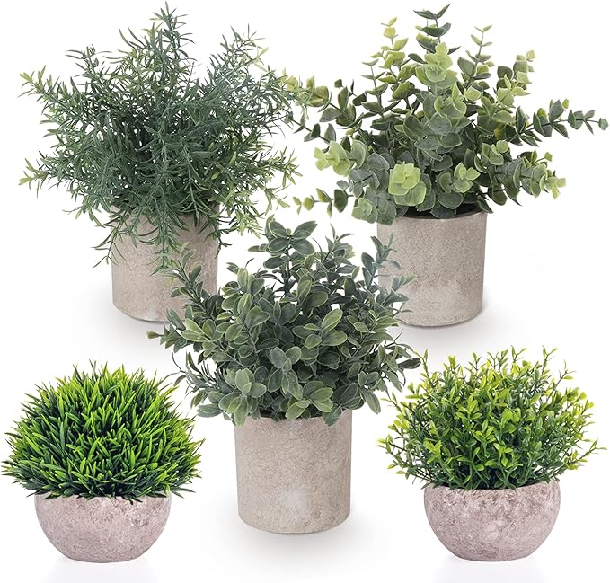 Fake Plants,5 Pack Small Fake Plants Mini Potted Artificial Eucalyptus Greenery Plastic Green Grass Plants for Indoor Outdoor,Mini Faux Plant for Shelve Desk Table Farmhouse Bathroom Shelf Decor