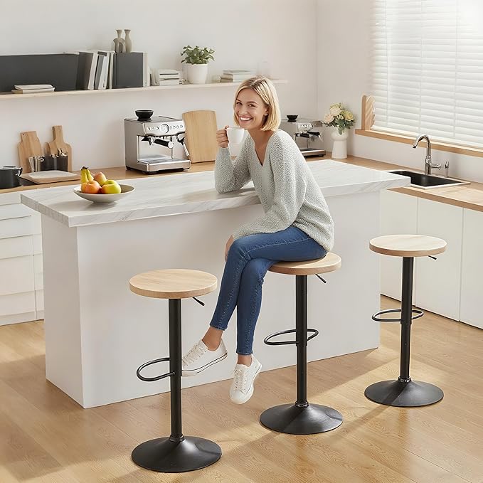 Bamboo Backless Bar Stools Set of 2, Swivel Bar Stools, Adjustable Bar Stools, Modern Bar Stools with Hard Seat, Backless Counter Height Barstools for Kitchen Island, Cafe, Dining Room, Black