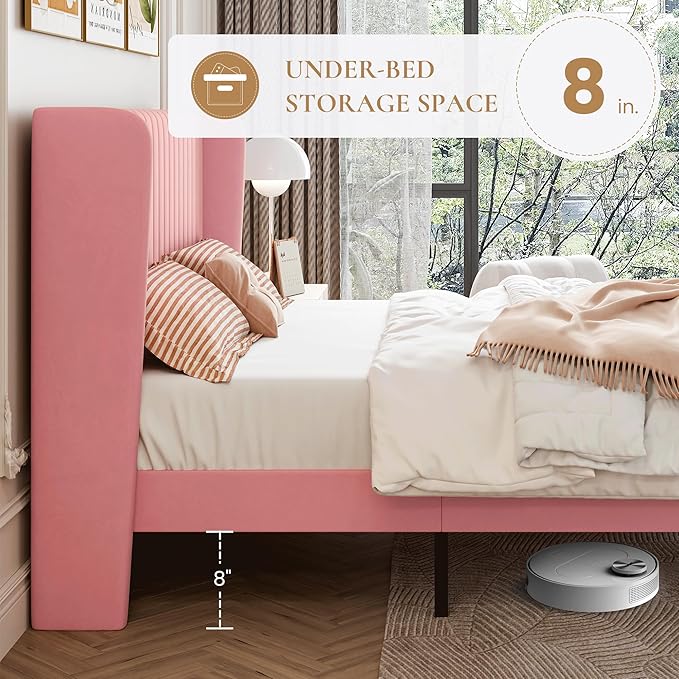 SHA CERLIN King Size Velvet Bed Frame with Vertical Channel Tufted Wingback Headboard, Upholstered Platform Bed with Wood Slats, No Box Spring Needed, Easy Assembly, Pink