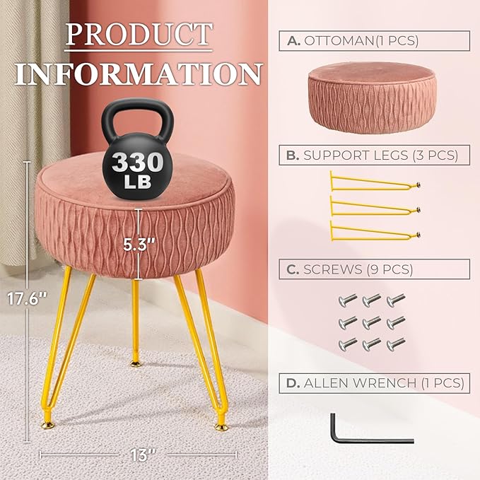 Velvet Vanity Stool Footrests, Round Ottoman Vanity Chairs with Anti-Slip Feet, Dressing Table Seat Foot Stool with Black Legs, Furry Padded Seat Side Table for Makeup Bedroom(Pink, Golden)