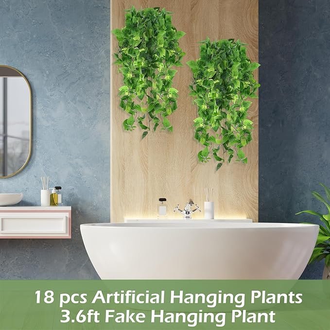 Hoteam 18 Pcs Artificial Hanging Plants 32 Inch Fake Ivy Vines with Fake Leaves Patio Artificial Plants Greenery for Living Room Indoor Outdoor Wall, No Basket (Pothos)