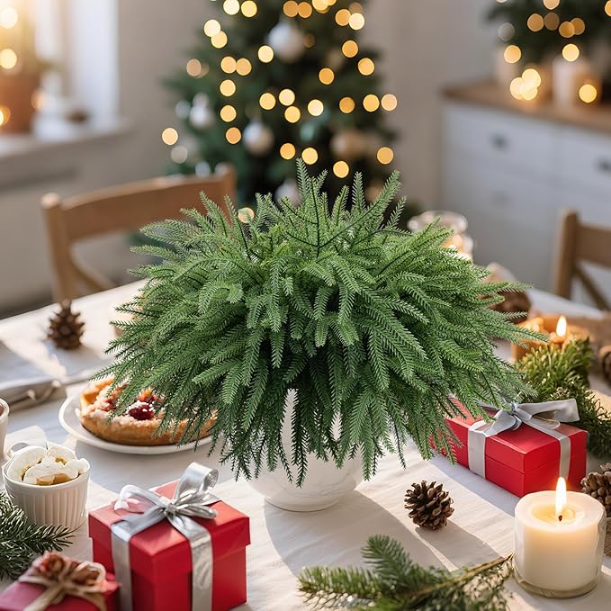 16 Pcs Real Touch Norfolk Pine Branches, 18 Inch Artificial Christmas Green Plants Branches Faux Greenery Stem Fake Cedar Pine Picks for Vase DIY Crafts Garland Wreath Xmas Indoor Outdoor Home Decor