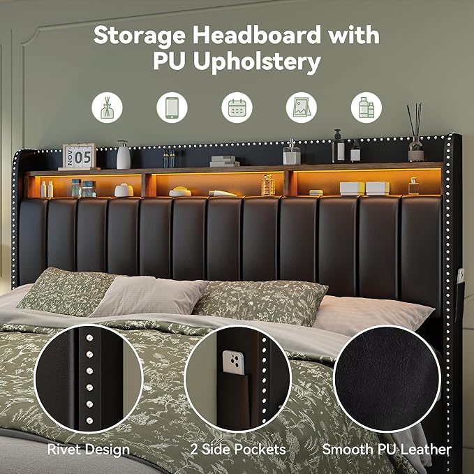 Torana King LED Bed Frame with 2 Drawers, PU Leather Upholstered Storage Wingback Headboard Beds, Channel Tufted Platform Bedframe with Rivet Decor, No Box Spring Needed, Black