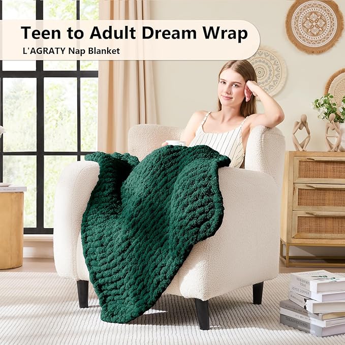 L'AGRATY Chunky Knit Blanket Throw - Soft Chunky Throw Blankets 30x40: 100% Hand Kintted Chenile Crochet Throw Blanket for Couch - Large Cable Knit Blankets for Home Decor(Olive Green)