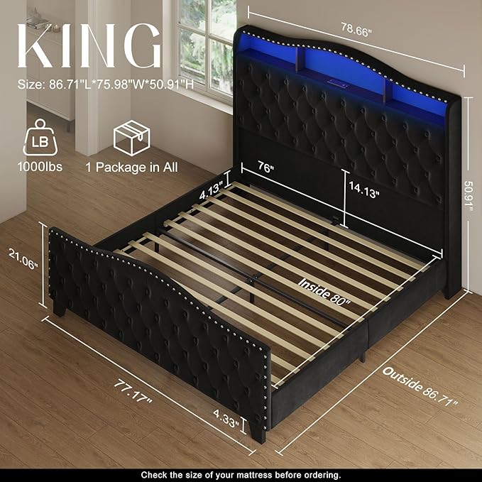Belffin King Size Bed Frame and Headboard, 50.9" Velvet Upholstered Wingback Bedframe with LED Lights & Storage/Charging Station, Button Tufted Tall Footboard, No Box Spring Needed, Noise-Free, Black