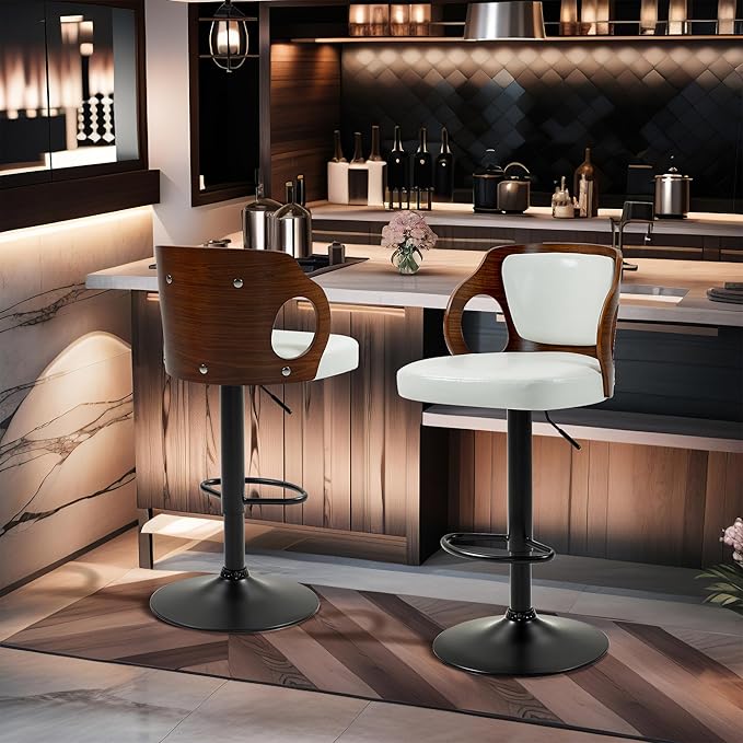 ECOTOUGE Swivel Bar Stools Set of 2, Height Adjustable Bentwood Island Stools, Modern Counter Height Bar Stools, Faux Leather Counter Stools with Back & Footrest, White
