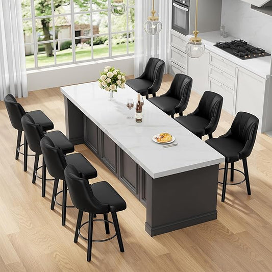 Counter Height Swivel Bar Stool, 24" Upholstered PU Leather Barstools Set of 8, Counter Stool Chair with Back & Solid Wood Legs for Kitchen Island Dining Room (Black)