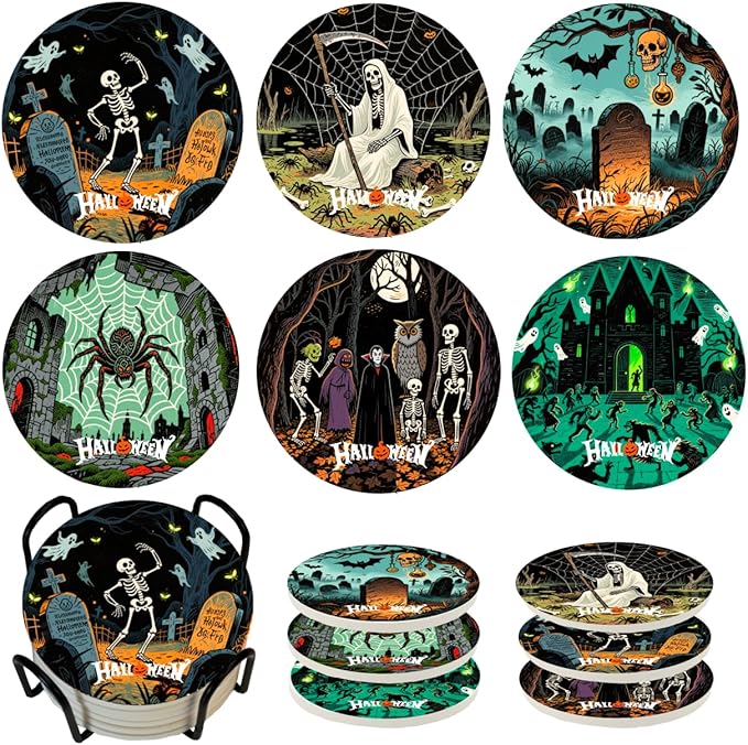 Ultimate Horror Halloween Coasters Set of 6 with Holder - Matte Ceramic Drink & Wall Art Decor, Spooky Home Office Party Gift | Skull Spider Ghost Decorations