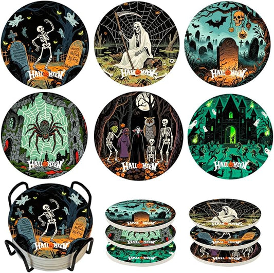 Ultimate Horror Halloween Coasters Set of 6 with Holder - Matte Ceramic Drink & Wall Art Decor, Spooky Home Office Party Gift | Skull Spider Ghost Decorations