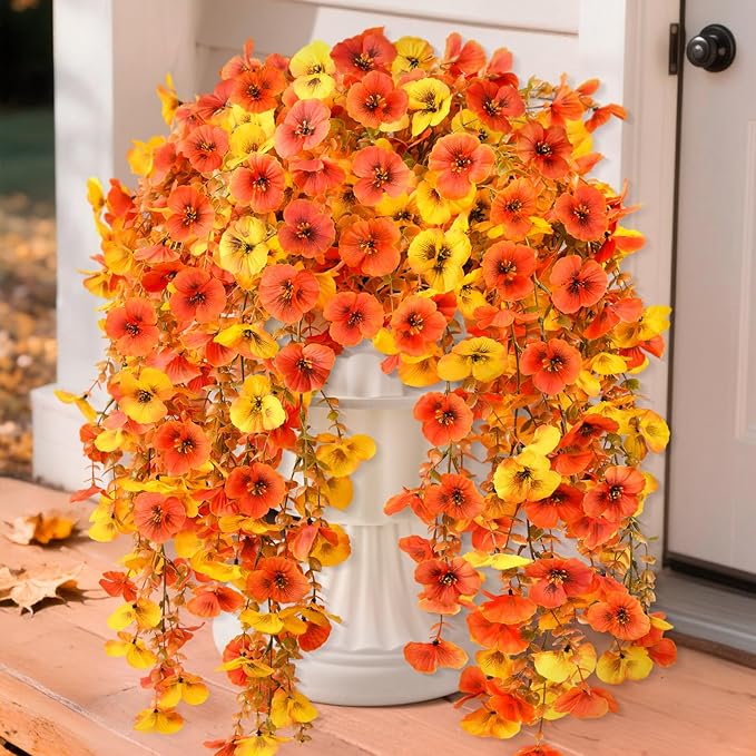 Artificial Fall Flowers for Outdoor, 4 Pcs Faux Pansy Fake Mums Plant Hanging Flowers Outdoor Fall Decor, UV Resistant No Fade Silk Flower for Front Door Porch Planter Patio Yard Garden(Orange Golden)