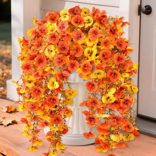 Artificial Fall Flowers for Outdoor, 4 Pcs Faux Pansy Fake Mums Plant Hanging Flowers Outdoor Fall Decor, UV Resistant No Fade Silk Flower for Front Door Porch Planter Patio Yard Garden(Orange Golden)