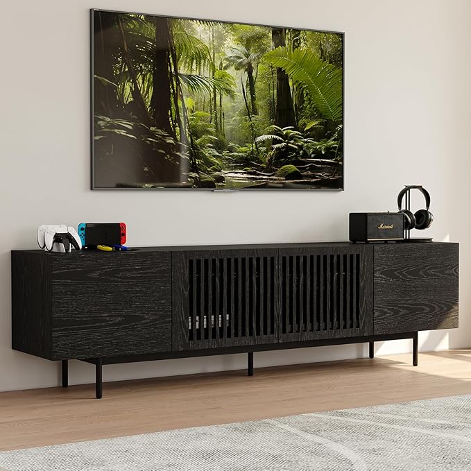 POVISON Full Assembled Mid-Century Modern TV Stand with Slatted Doors, Wood Media Console for 75 Inch TV, TV Console with Tall-cast Metal Legs, Entertainment Center with Storage for Living Room