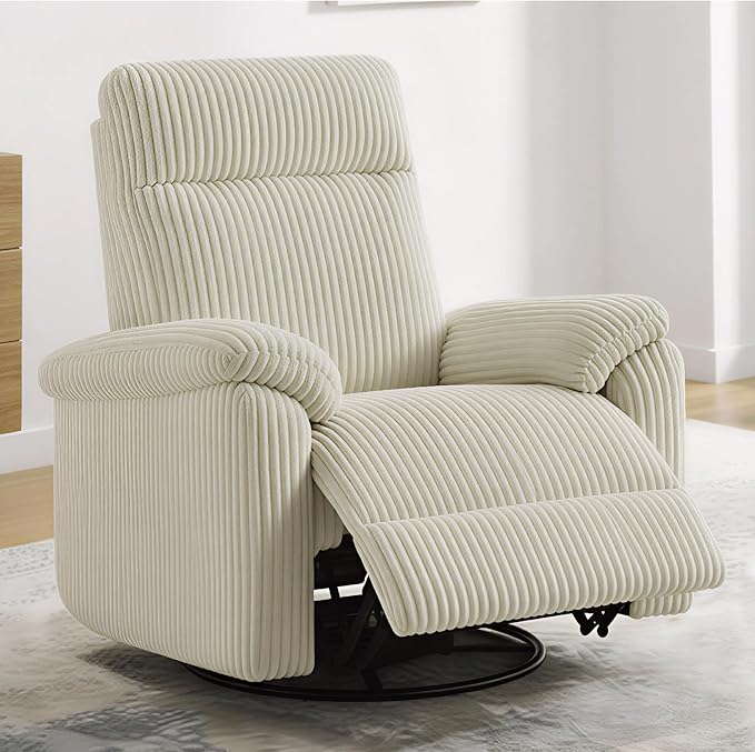Swivel Rocker Recliner for Adults, Corduroy 360 Degree Swivel Glider Recliner Manual 3-Position Adjustable Easy Assembly for Small Space Living Room Nursery Bedroom