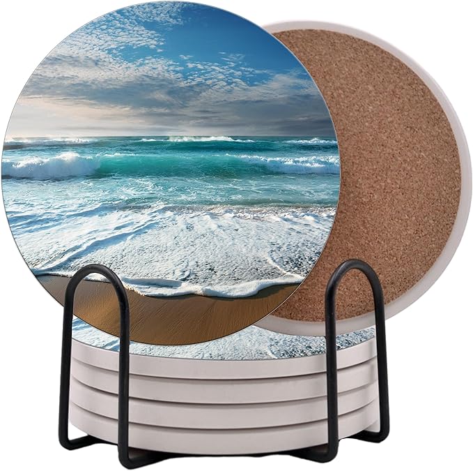 Ocean Coastal Theme Round Coasters Set of 6 - Abosrbent Ceramic Coasters with Metal Stand for Drinks, Beer, Coffee, Non-Slip Cork Back for Tabletop Protection, 4 Inches (Beach)