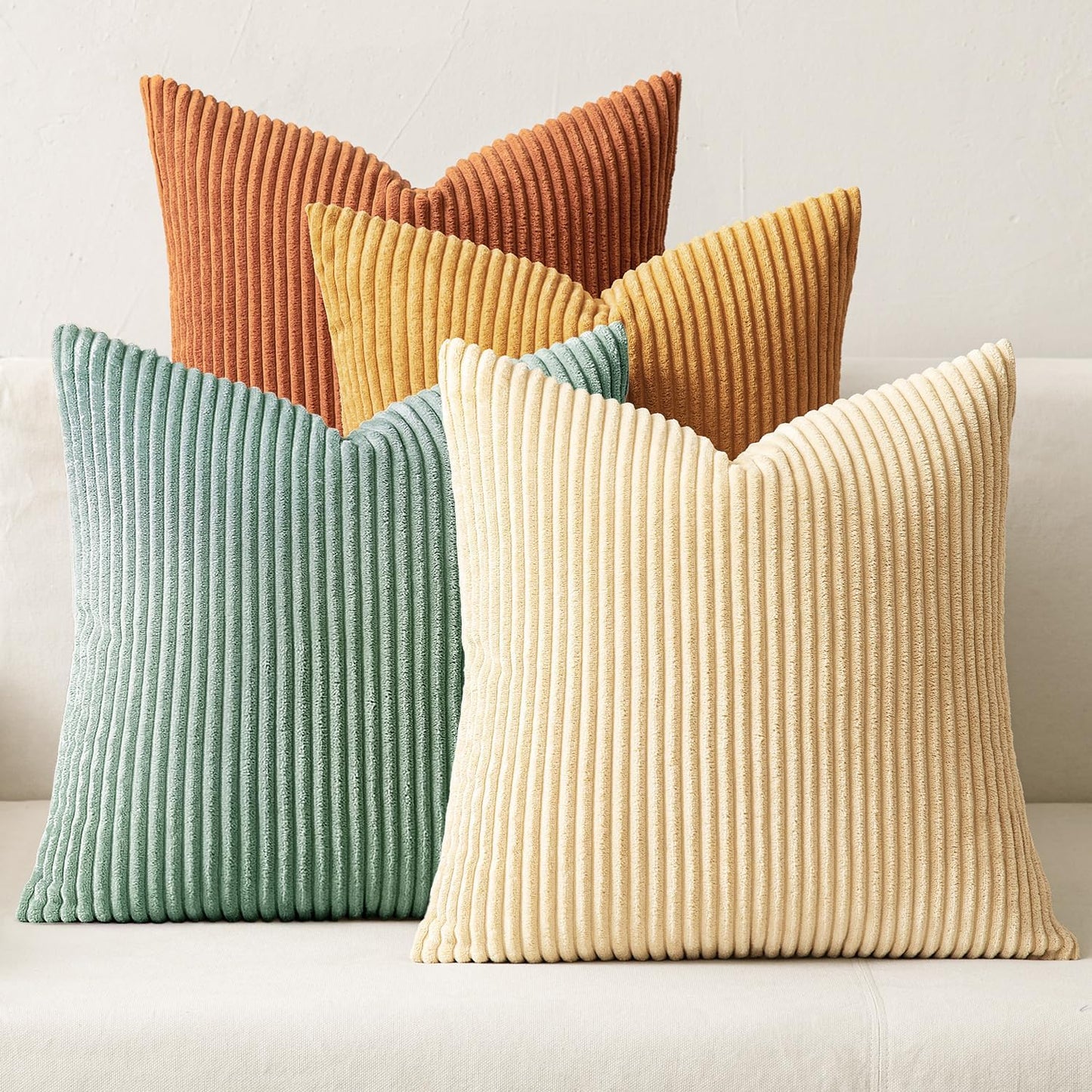 MIULEE Boho Farmhouse Throw Pillow Covers 18x18 Inch Set of 4 Summer Modern Natural Decorative Cushion Covers Soft Corduroy Home Decor for Couch Bed Sofa Living Room Orange Teal Gradient Series